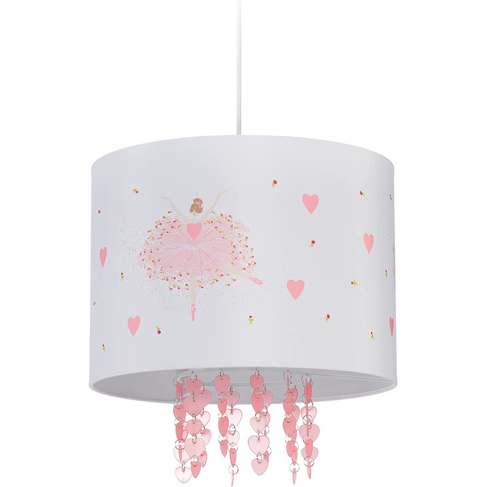 Relaxdays Hängelampe Kinderzimmer, Lampenschirm mit Ballerina, HxD: 158 x 35 cm, Pendelleuchte für Kinder, weiß/rosa