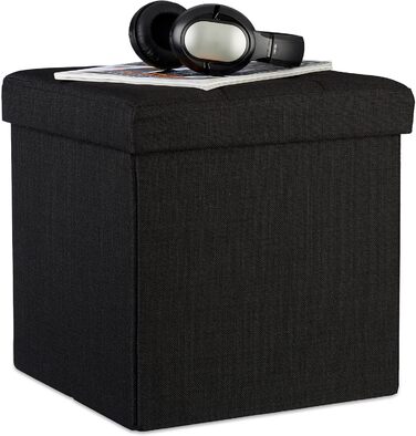 Relaxdays Faltbarer Sitzhocker, Sitzcube, Leinen, mit Deckel, 38x38x38 cm, Schwarz