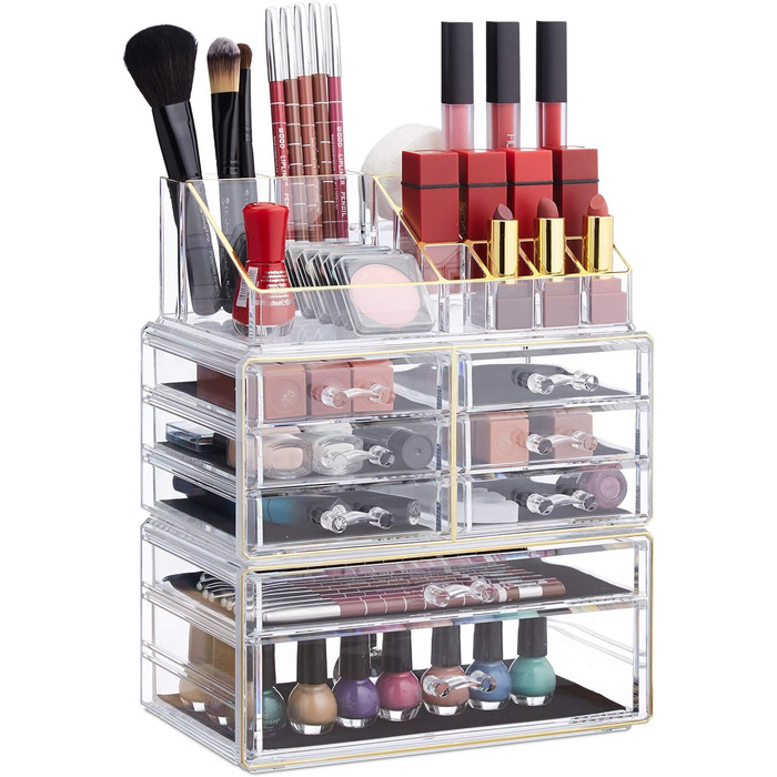 Relaxdays  x Make Up Organizer mit Schubladen, stapelbarer Schmuckkasten für Make Up, Acryl Schminkaufbewahrung,     Stück (1, Transparent-gold, 1 Stück)