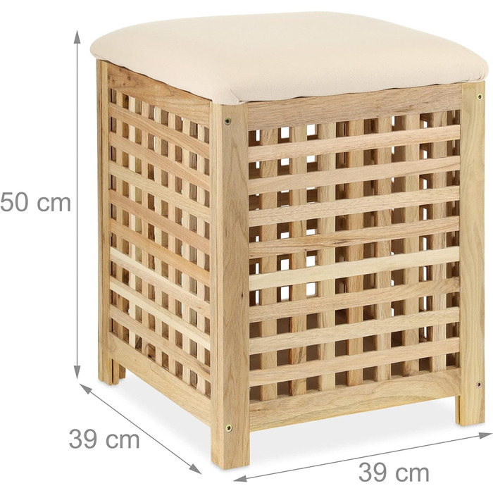 Relaxdays Wäschekorb mit Sitz, Walnussholz, Stoff, HxBxT: 50 x 39 x 39 cm, 45 l Wäschebox, Badhocker mit Stauraum, Natur