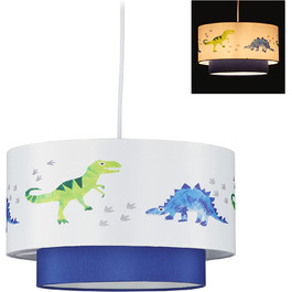 Relaxdays Dino Hängelampe, runder Lampenschirm mit Dinosaurier-Motiv, für Kinder- & Babyzimmer, HxD 126x30 cm, weiß-blau