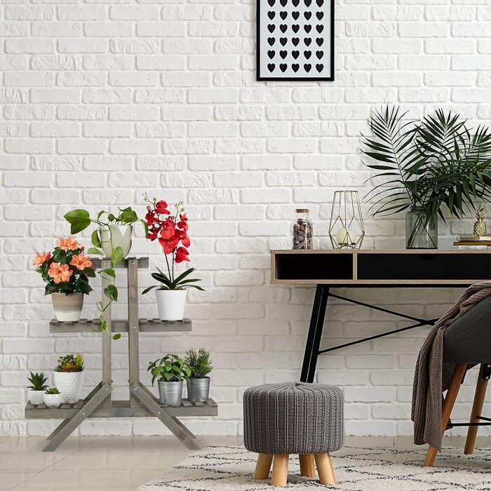 Relaxdays Blumentreppe aus Holz, 3 Stufen, 5 Ablagen, Shabby Chic, HBT: 83x83x28 cm, grau