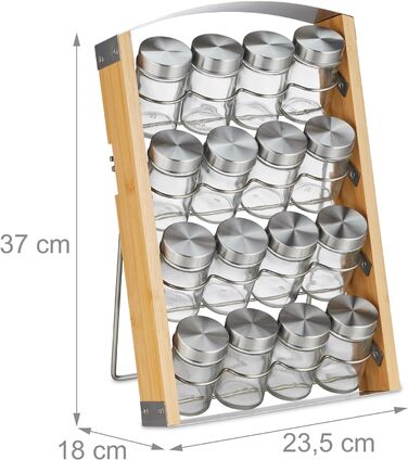 Relaxdays Gewürzständer inkl. 16 Gewürzdosen, 80 ml, Bambus Gewürzregal, HBT: 37x23,5x18 cm, Natur/Silber