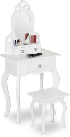 Relaxdays Kinder Schminktisch mit Spiegel & Hocker, 110x50x30 cm, ab 3 Jahre, weiß