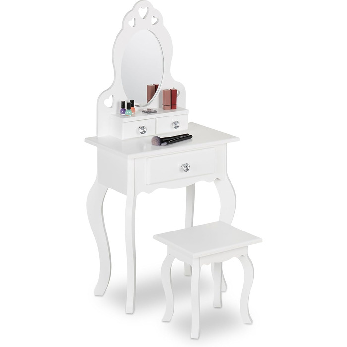 Relaxdays Kinder Schminktisch mit Spiegel & Hocker, 110x50x30 cm, ab 3 Jahre, weiß
