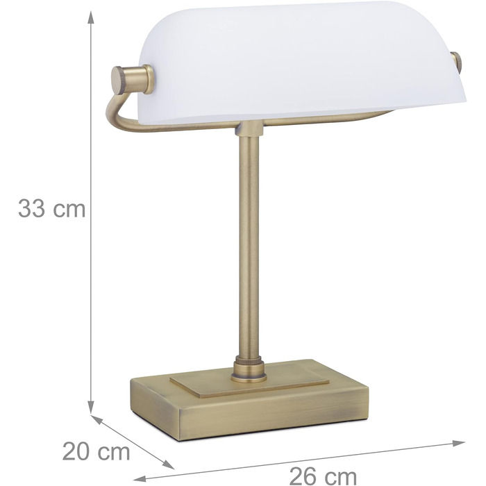 Relaxdays Bankerlampe, neigbarer Glasschirm, Metallsockel, E14, Schreibtischlampe Retro, Bibliothekslampe, weiß/messing, 33 x 26 x 20 cm