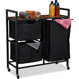 Relaxdays Wäschekorbregal, 3 Fächer, rollbar, Wäschesammler, Industrial Design, schwarz/braun