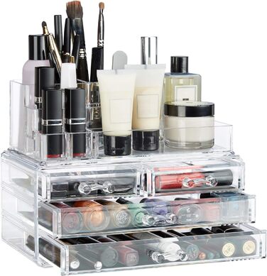Relaxdays 1 x Make Up Organizer mit 4 Schubladen, Kosmetik Halter Nagellack u. Lippenstift, Acryl Make Up Kit, transparent