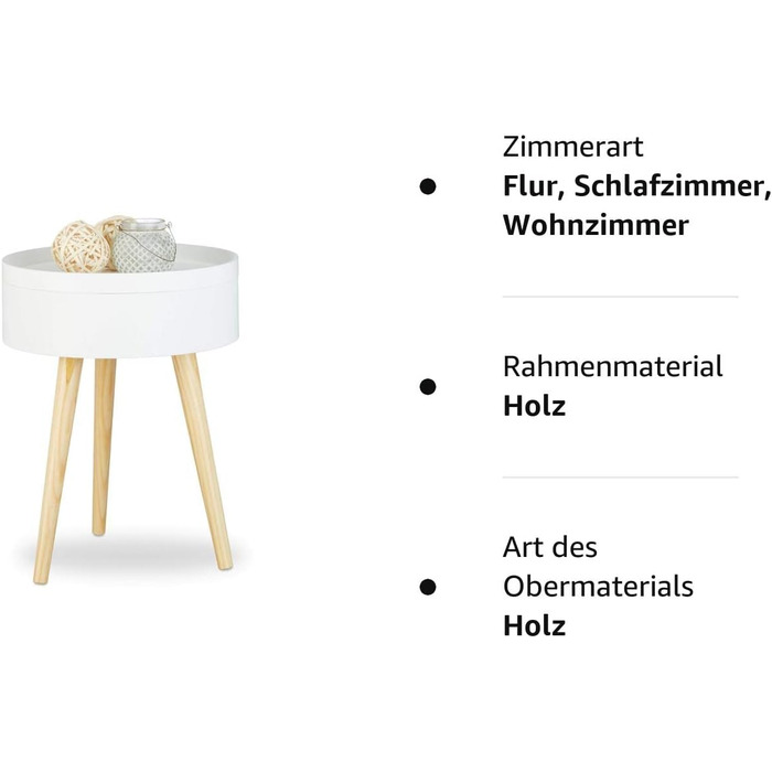 Relaxdays Beistelltisch rund skandinavisches Design, 70er, Nachttisch mit Tablett, Staufach, HxBxT: 50x38x38 cm, weiß Single