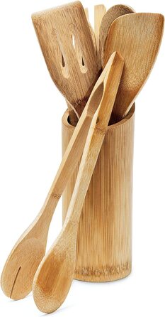 Relaxdays Küchenhelfer Set Bambus 7-tlg. 30cm lang, Kochlöffel, Holzlöffel, Pfannenwender (je 2), Salatzange, Gabel, Halter