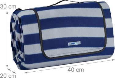 Relaxdays XXL Picknickdecke, 200x300 cm, isoliert, wasserdicht, gestreifte Fleece Stranddecke, Tragegriff, blau/grau
