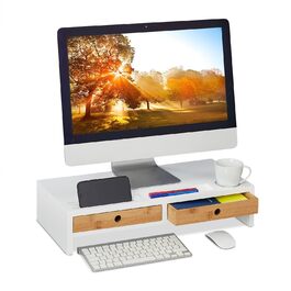 Relaxdays Monitorständer, 2 Schubladen, PC-Erhöhung, 12x56x27 cm, Bambus & MDF, weiß/Natur