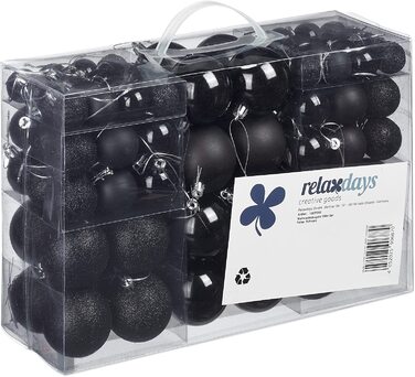 Relaxdays Weihnachtskugeln, 100er Set, Weihnachtsdeko, matt, glänzend, glitzernd, Christbaumkugel ∅ 3, 4 & 6 cm, schwarz