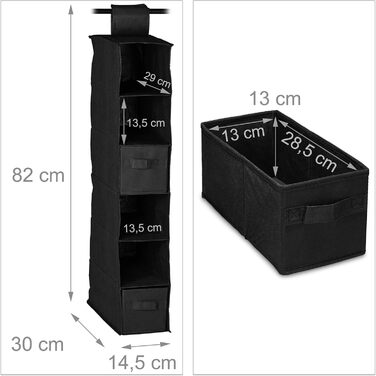 Relaxdays Hängeregal Stoff, 6 Fächer, 2 Schübe, für Kleiderschrank, HBT: ca. 82x14,5x30 cm, schwarz