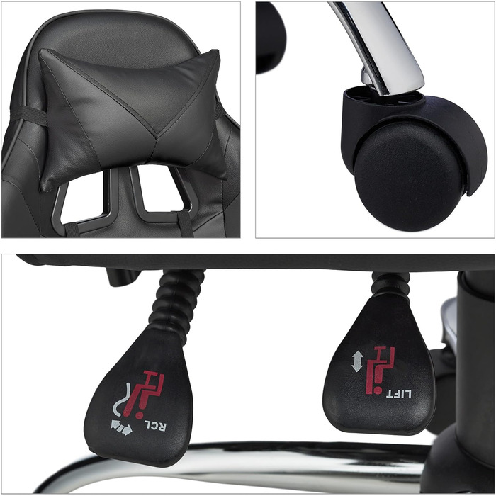 Relaxdays Gaming Stuhl, Racing Look, drehbar, höhenverstellbar, Kopf-& Lendenkissen, HxBxT: 133x68x60 cm, (Schwarz)
