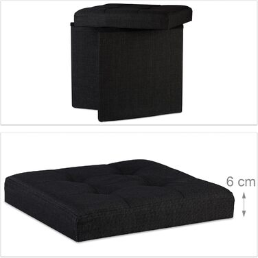 Relaxdays Faltbarer Sitzhocker, Sitzcube, Leinen, mit Deckel, 38x38x38 cm, Schwarz