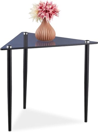 Relaxdays Beistelltisch, Couchtisch dreieckig, HBT 41x50x50 cm, Glas & Stahl, Wohnzimmer, Sofatisch modern, grau-schwarz