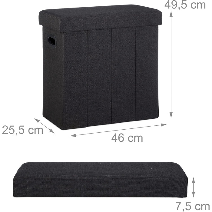 Relaxdays Faltbarer Sitzhocker mit Stauraum, Griffe, Leinen, Polyester, MDF, Schwarz, 49,5x46x25,5 cm