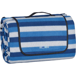 Relaxdays XXL Picknickdecke, 200x300 cm, isoliert, wasserdicht, gestreifte Fleece Stranddecke, Tragegriff, blau/weiß