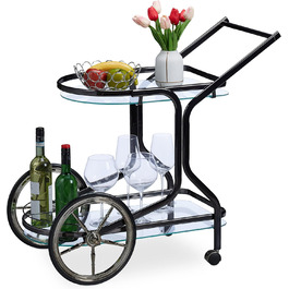 Relaxdays Servierwagen, 2 Ablagen, 76x46x82 cm, Glas & Eisen, Beistellwagen auf Rollen, schwarz