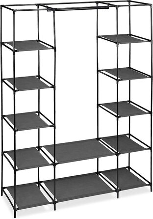Relaxdays Stoffschrank mit Kleiderstange & 12 Ablagen, HBT: 175x135x45cm, Kleiderschrank mit Reißverschluss, anthrazit