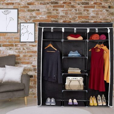 Relaxdays Stoffkleiderschrank, 9 Fächer, 2 Kleiderstangen, HBT: 173 x 148 x 43 cm, Camping, Keller, Faltschrank, anthrazit, Stoff