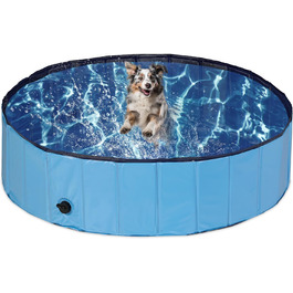 Relaxdays Hundepool, H x D: 30 x 120 cm, faltbar, mit Ablassventil, Hundeplanschbecken zur Abkühlung, PVC & MDF, blau