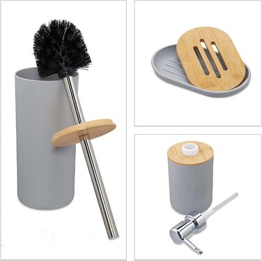 Relaxdays Badezimmer Set, 6-teilig, Badaccessoires Kunststoff, Bambus, komplette Badezimmerausstattung, Badset, grau