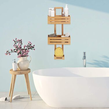 Relaxdays Duschregal Bambus H x B x T: 65 x 28 x 15,5 cm Duschablage aus Holz als Hängeregal Dusche mit 3 Ablagen Duschkorb als Badregal zum Hängen und rostfreier Badschrank sowie Badablage, natur