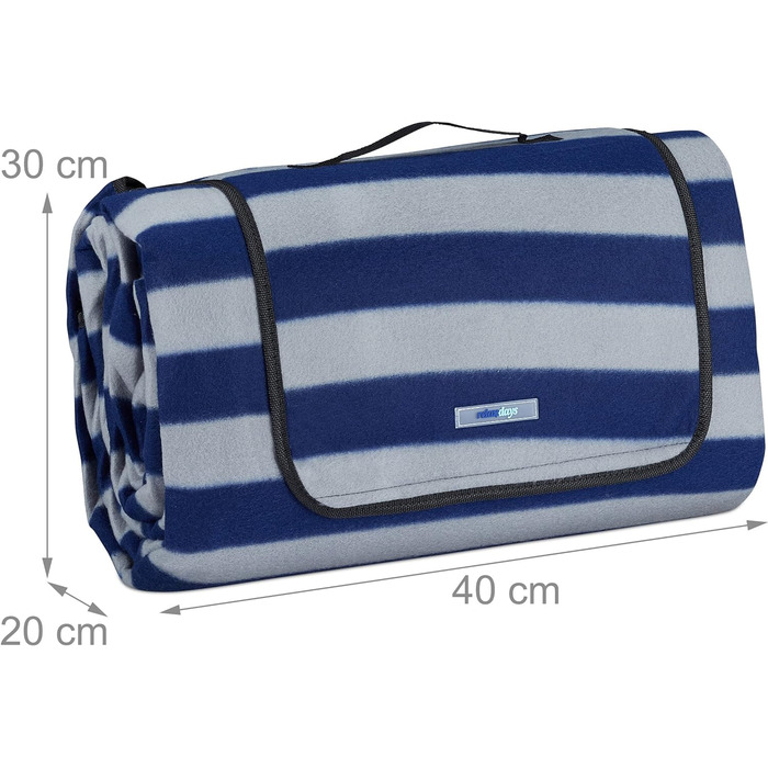 Relaxdays XXL Picknickdecke, 200x300 cm, isoliert, wasserdicht, gestreifte Fleece Stranddecke, Tragegriff, blau/grau