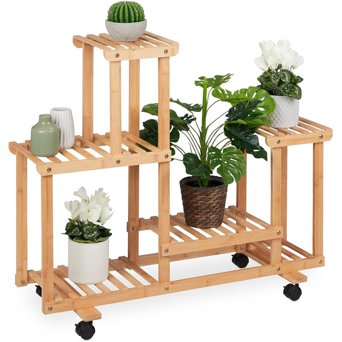 Relaxdays Pflanzenregal, Blumenständer mit 6 Ablagen, Bambus, 79x95x36 cm, rollbar, für Innenbereich