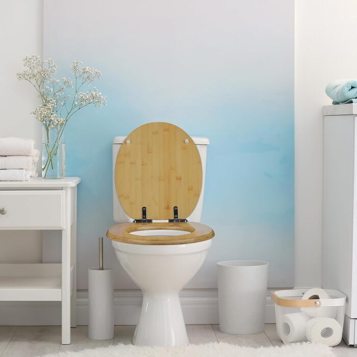 Relaxdays Toilettendeckel mit Absenkautomatik & Quick Release, 37,5 x 43,5 cm, Bambus, Montage von Oben, oval, Natur
