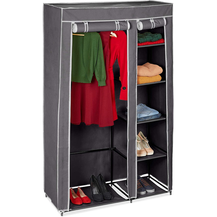 Relaxdays Stoffschrank, mit Kleiderstange & 5 Fächern, HBT: 174 x 107 x 42,5 cm, stabiler Faltschrank mit Bezug, (Grau, Single)