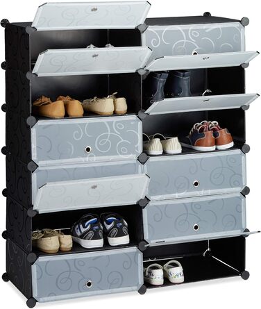 Relaxdays Schuhschrank Kunststoff, 12 Fächer, 108x94x37cm, Schwarz