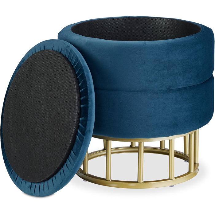 Relaxdays Samthocker mit Stauraum, runder gepolsterter Sitz, 40x40 cm, blau/Gold