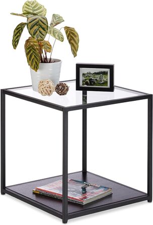 Relaxdays, schwarz Beistelltisch Glas+Holzablage, Metallgestell, robust, quadratisch, Flacher Couchtisch HBT 50x50x50 cm, Standard