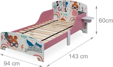 Relaxdays Kinderbett, HBT 60 x 94 x 143 cm, Kleinkindbett mit Ablage, Rausfallschutz, Lattenrost, Superheldin, MDF, bunt
