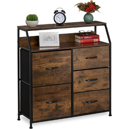 Relaxdays Kommode, 5 Schubladen, 2 Ablagen, Industrial, 87x84x32 cm, braun/schwarz
