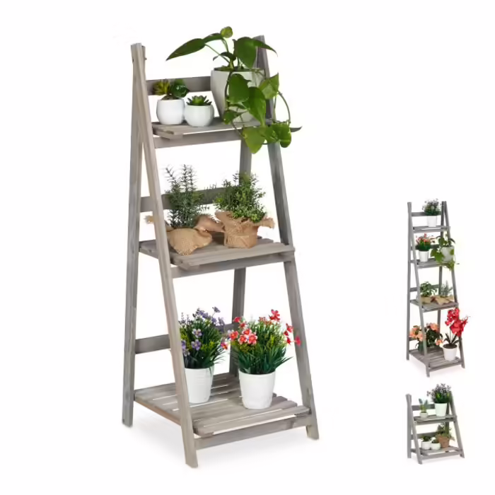 Relaxdays Blumentreppe Holz grau