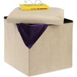 Relaxdays Sitzhocker, faltbar, 38x38x38 cm, Stauraum, MDF & Samt, Creme