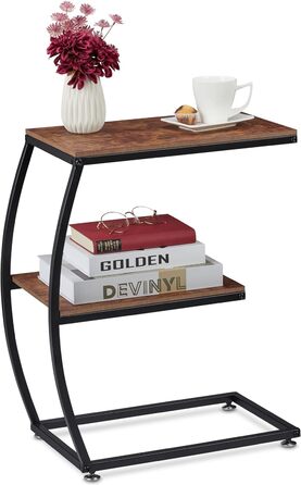 Relaxdays Beistelltisch, 2 Ablagen, C-Form, Industrial Design, Sofatisch Metall & Holzoptik, HBT: 57,5x47,5x25 cm, braun