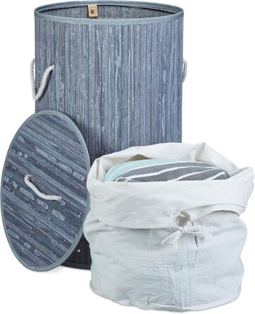 Relaxdays Wäschekorb Bambus, faltbar, mit Deckel, 70 l, Wäschesack Baumwolle, rund Ø 41 cm, Grau