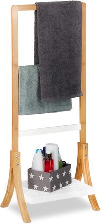Relaxdays Handtuchhalter Bambus, mit Ablage & 3 Stangen, freistehend, 103x41x28cm, Natur/weiß