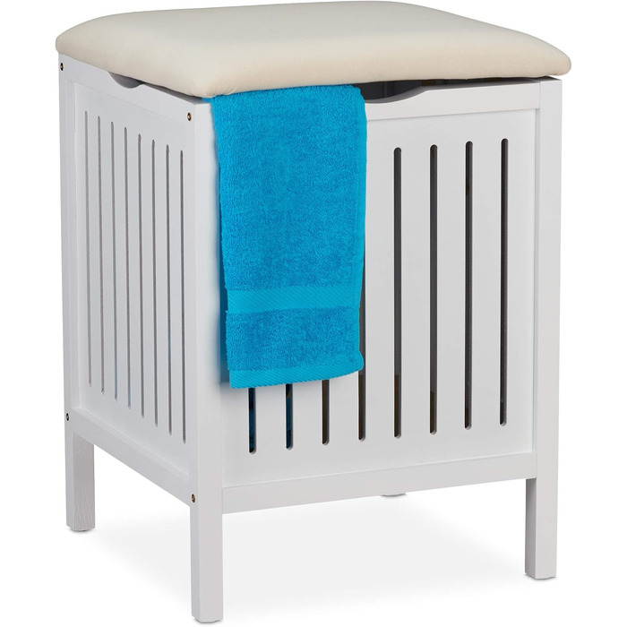 Relaxdays Wäschekorb mit Sitz, Landhausstil, 40 l, Holz & Stoff, Badhocker, 55x41x41 cm, weiß