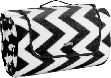 Relaxdays XXL Picknickdecke, 200x300 cm, isoliert, wasserdicht, gemusterte Fleece Stranddecke, Tragegriff, schwarz-weiß