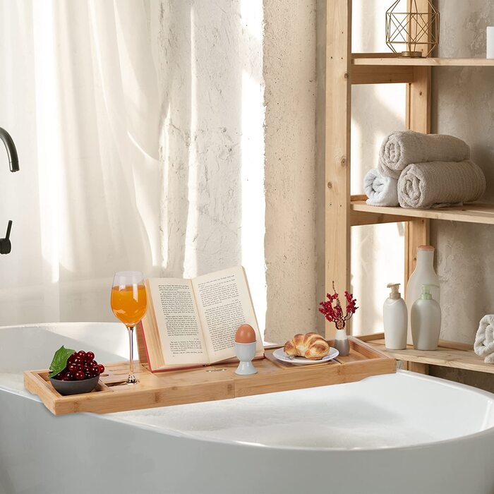 Relaxdays Badewannenablage Bambus, ausziehbar, Buch-, Utensilien- & Weinglashalter, Seifenschale, Badewannentisch, Natur, 1 S