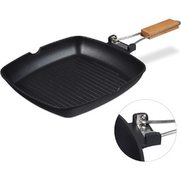 Relaxdays Grillpfanne, abnehmbarer Holzgriff, antihaftbeschichtet, BBQ Bratpfanne mit Rillen, Aluminium, schwarz, 5.5 x 51 x