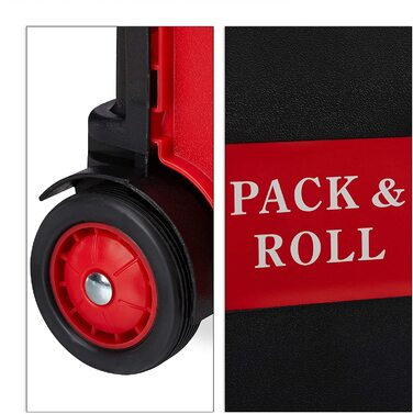 Relaxdays Einkaufstrolley klappbar, bis 35 kg, 50 l Kiste, mit Teleskopgriff, 2 Rollen, Transport Trolley, rot/schwarz