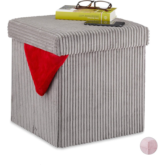 Relaxdays faltbarer Sitzwürfel mit Stauraum, Kordsamt, 38x38x38 cm, Grau