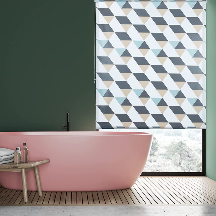 Relaxdays Duschrollo,  Dreieck Muster, Seilzug, Flexible Montage, Duschvorhang für Badewanne & Fenster, bunt (60x240 cm)
